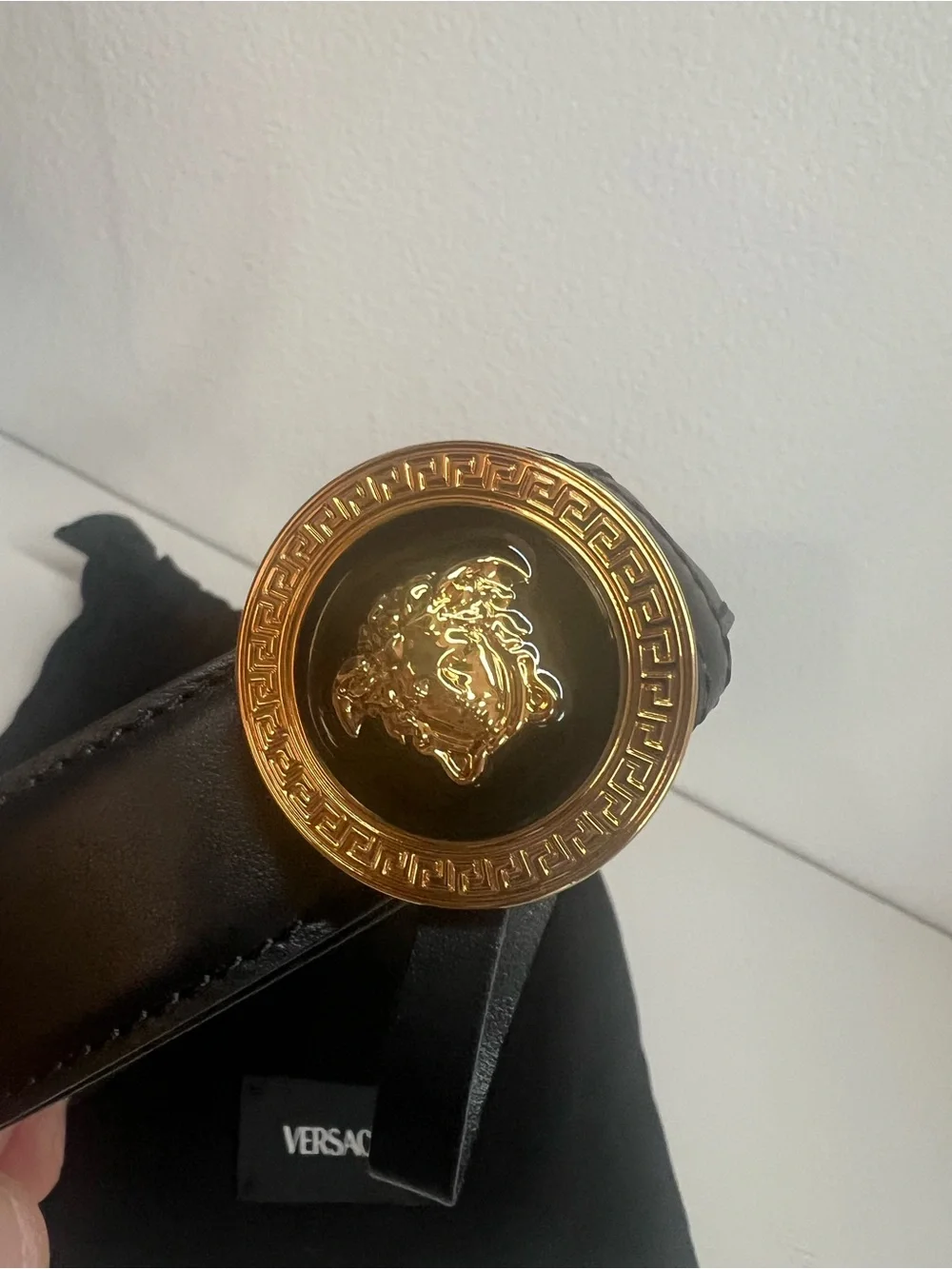 Versace Black Leather Belt with Gold Medusa Round Buckle
